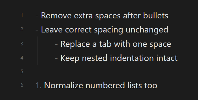List markers followed by one ordinary space after fixing