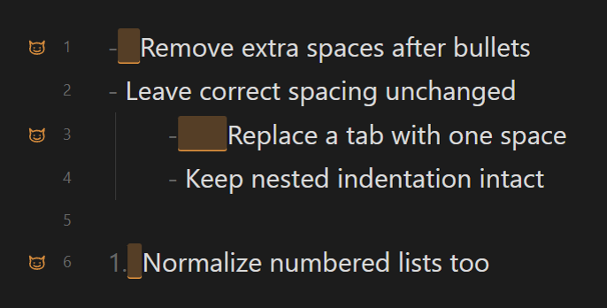 Extra spaces and tabs after list markers highlighted by Gremlins