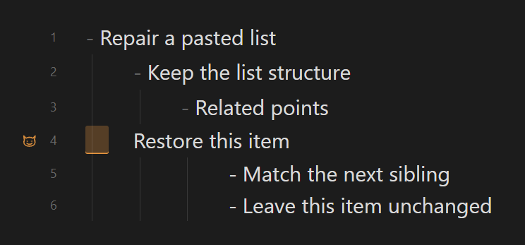 A missing list marker and misplaced indentation highlighted by Gremlins