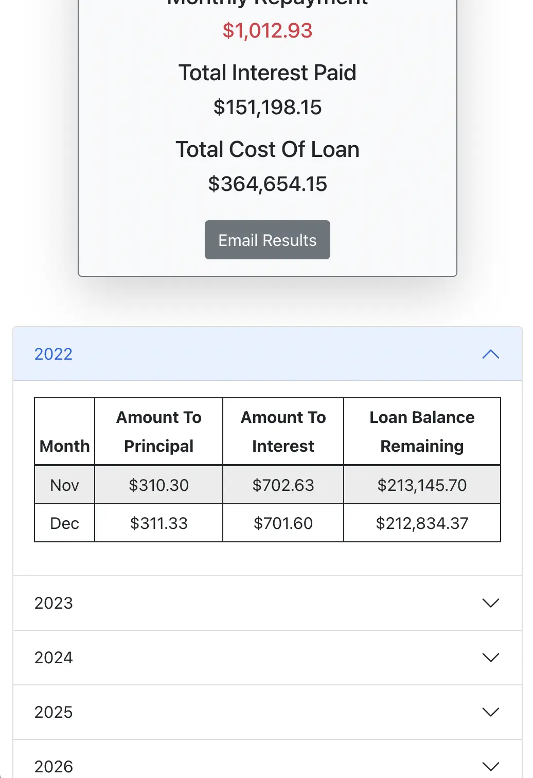 repayment table component first year mobile view