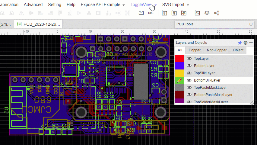 Screenshot of EasyEDA Menu with ToggleView Button