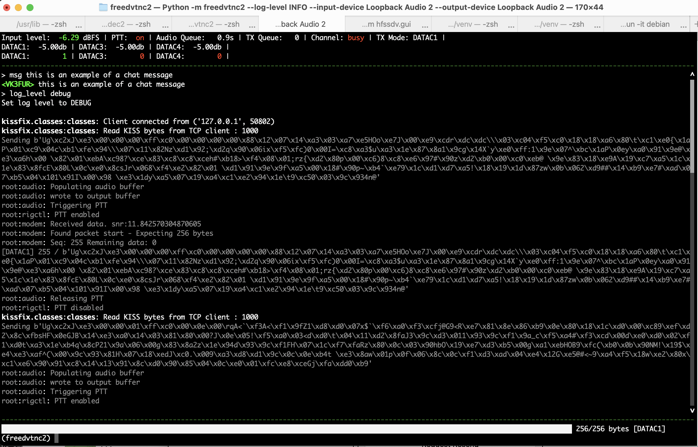 Screenshot of the freedvtnc2 modem cli showing the chat feature and a file being transfered