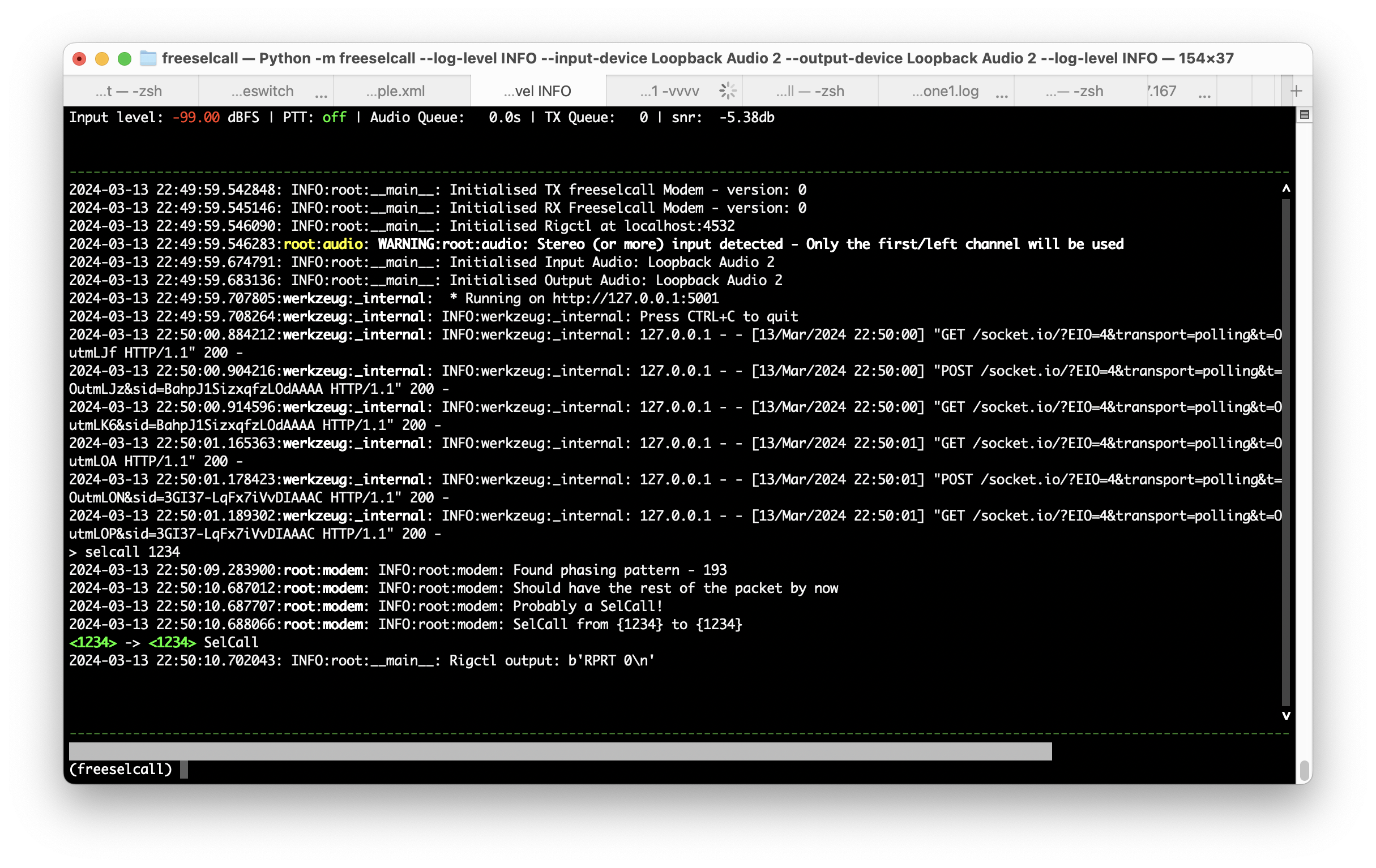 Screenshot of the CLI for freeselcall