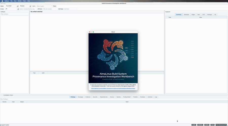 ALBS Provenance Investigation Workbench demo: fetching a build, the trust-path graph, the live source badges, the timeline, the security panel and the per-commit Git diff