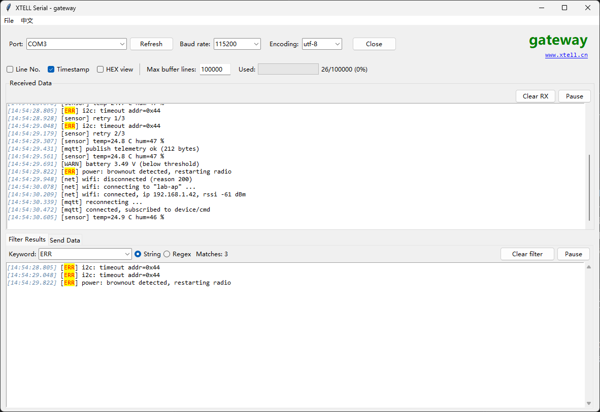 xtell-serial main window: a timestamped log with the filter keyword ERR highlighted