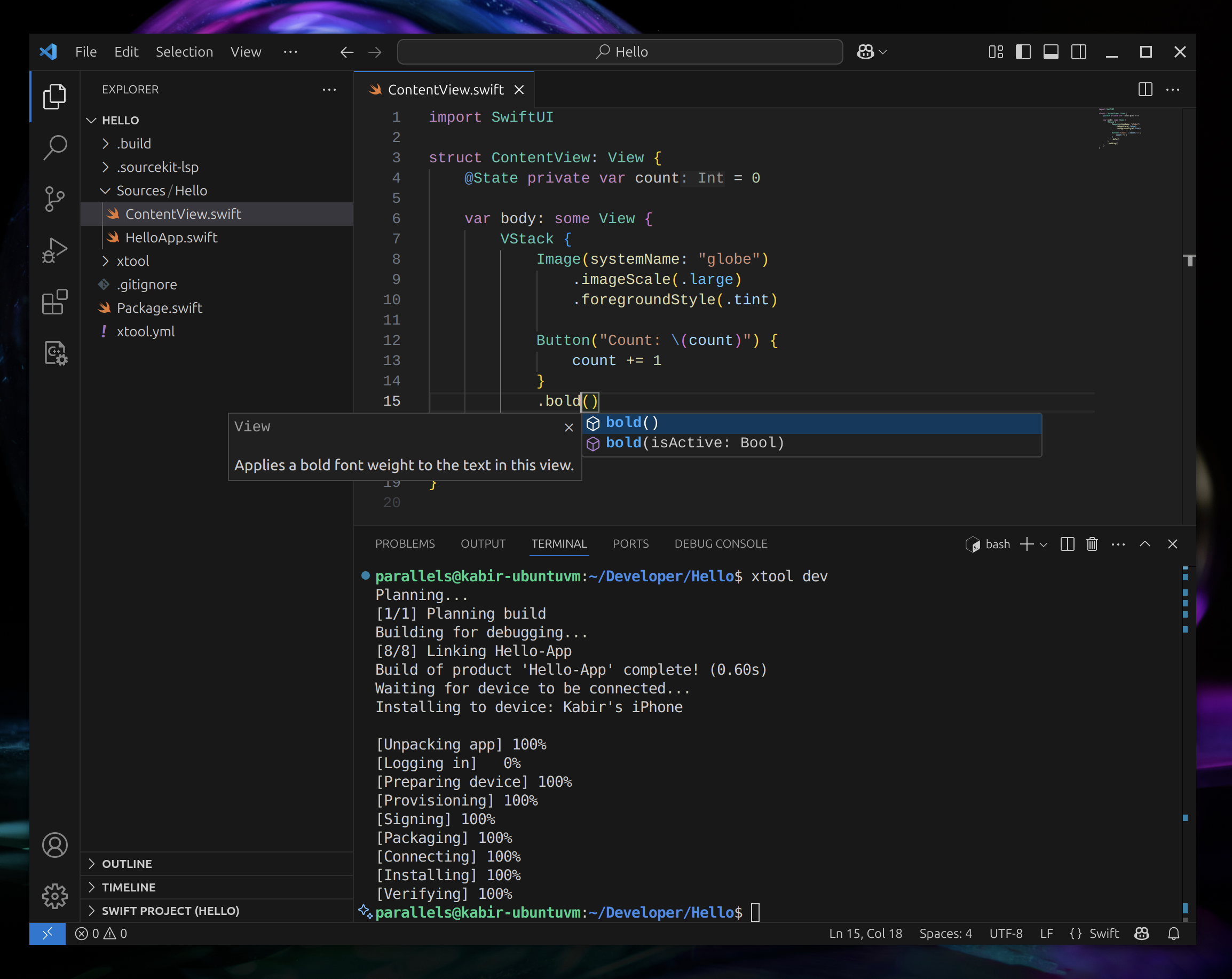 A screenshot of xtool being invoked from VSCode