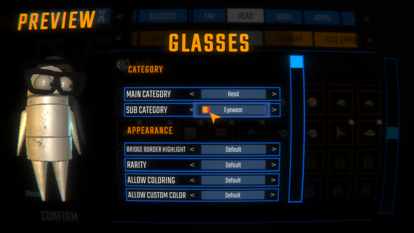 The Cosmetic Customizer popup with its live preview avatar