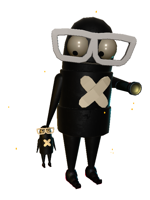 The Mini-Semibot following the player, dressed in their outfit