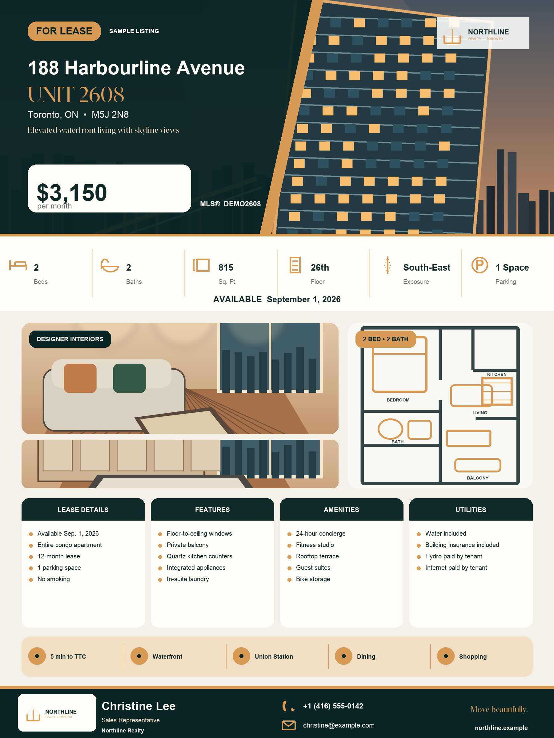 Sample property poster with fictional listing details, illustrations, floor plan, and branding