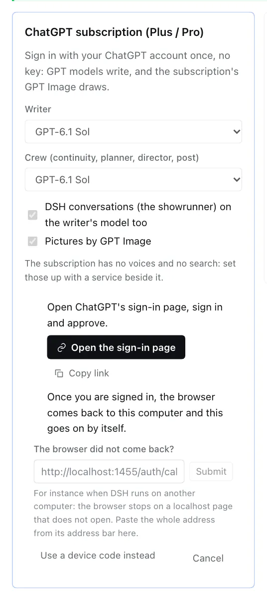 After pressing sign in: open the sign-in page, copy link, a box for the address when the browser does not come back, a device code instead, cancel