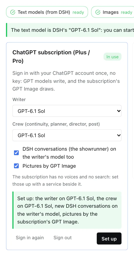 Set up: text models and images ready, the card saying what was set, with Sign in again and Sign out