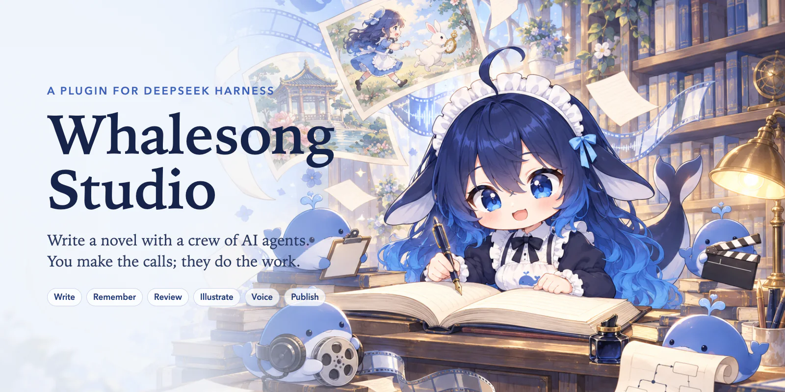 Whalesong Studio, a plugin for DeepSeek Harness: a crew of agents for long-form fiction. DeepSeek-chan, the whale-girl maid, writes in a manuscript at her desk while four little whales check pages, unroll a story map, hold a clapperboard and carry a film reel; pages float up and become pictures of Alice chasing the White Rabbit and of a pavilion in a Chinese garden.
