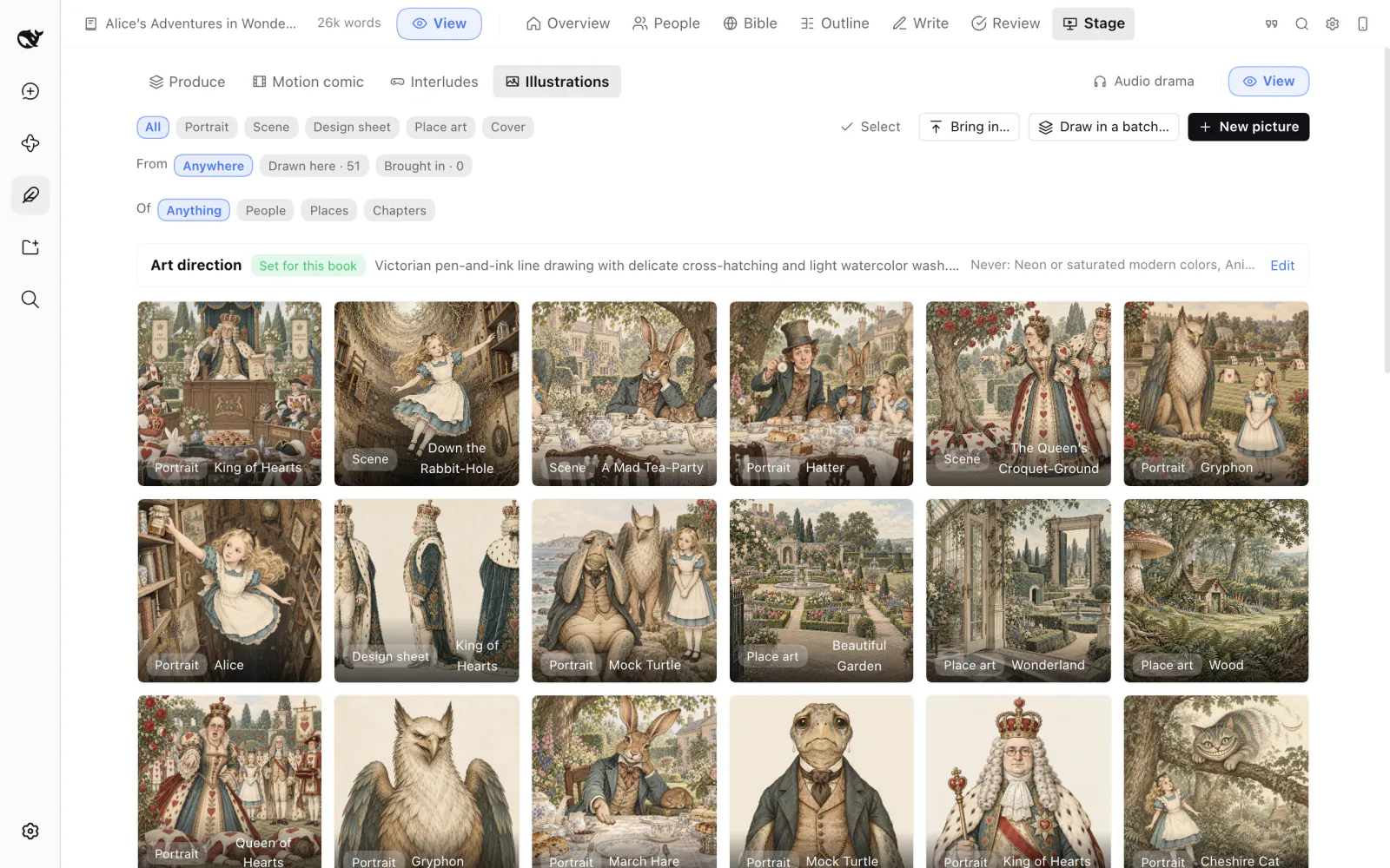 The gallery: design sheets, portraits, places and the cover