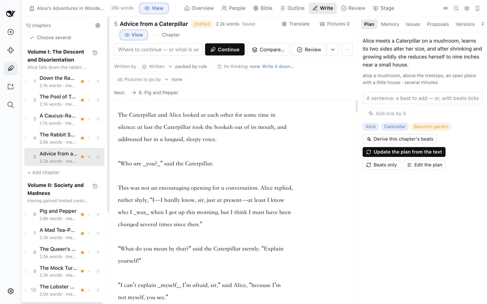 The Write page: the chapter list, the text, and the chapter's plan beside it