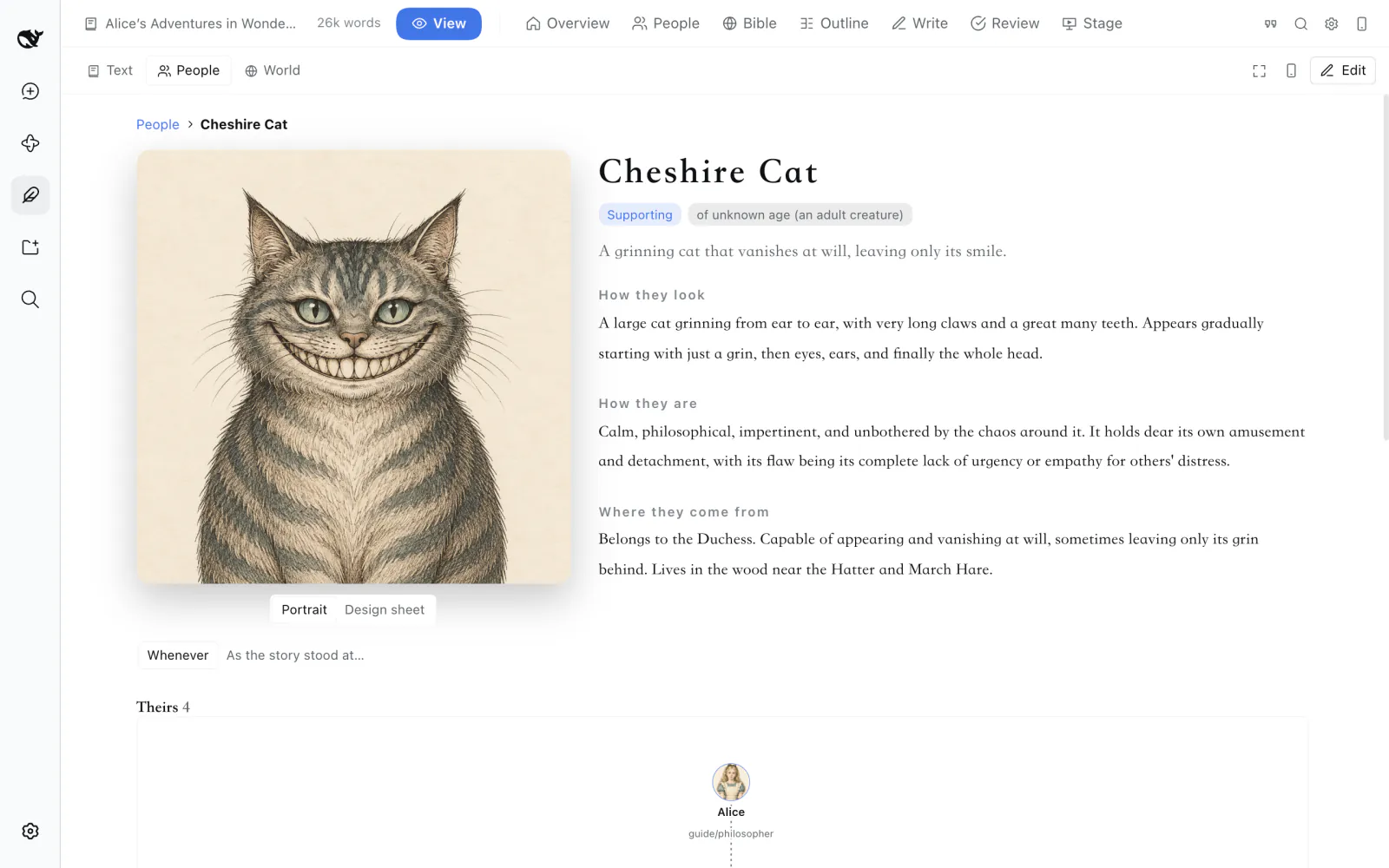 The Cheshire Cat's page: a large portrait beside who it is