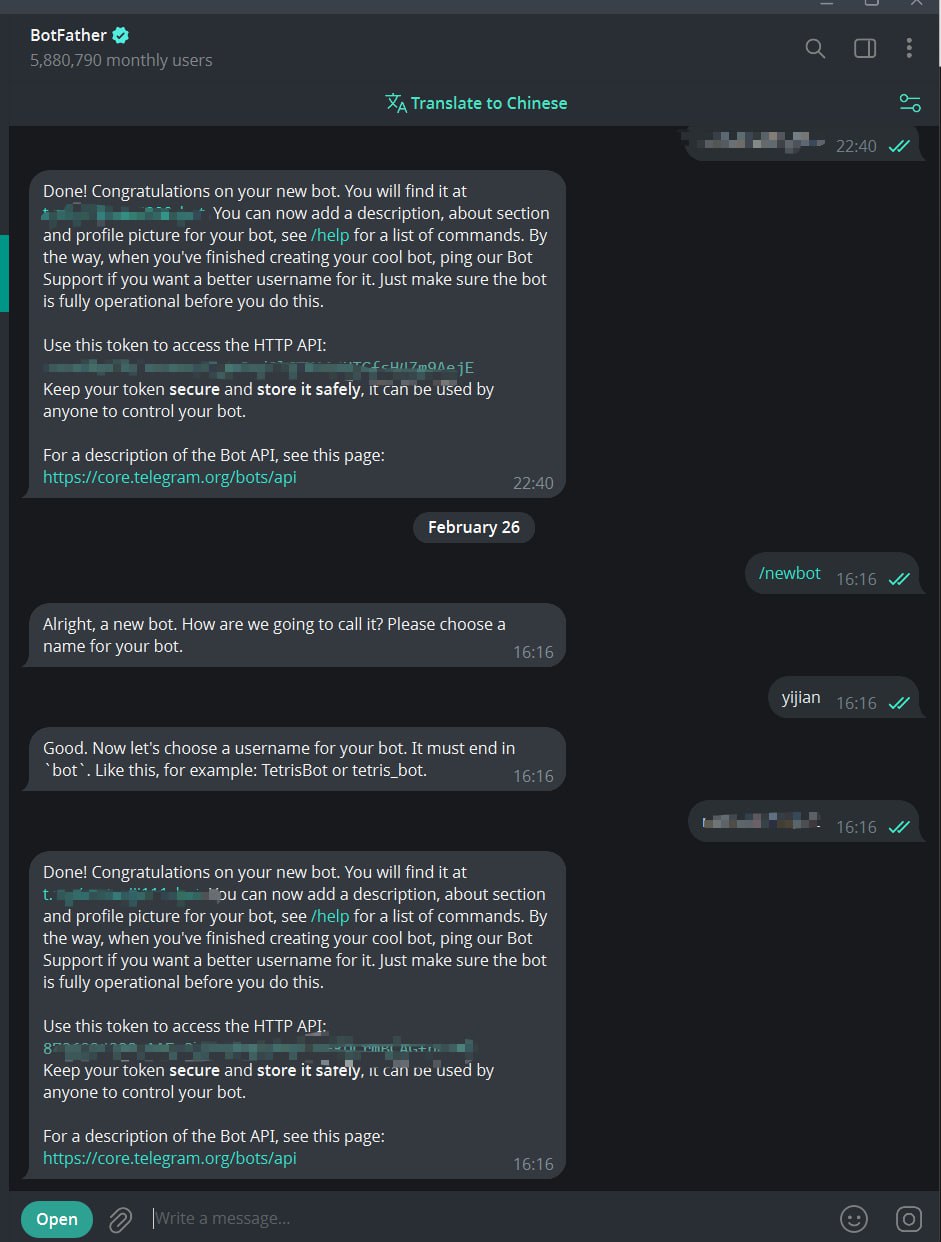 BotFather creating a bot