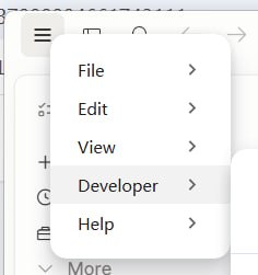 Claude Code Desktop IDE 啟用開發者模式後 Developer 選單可用