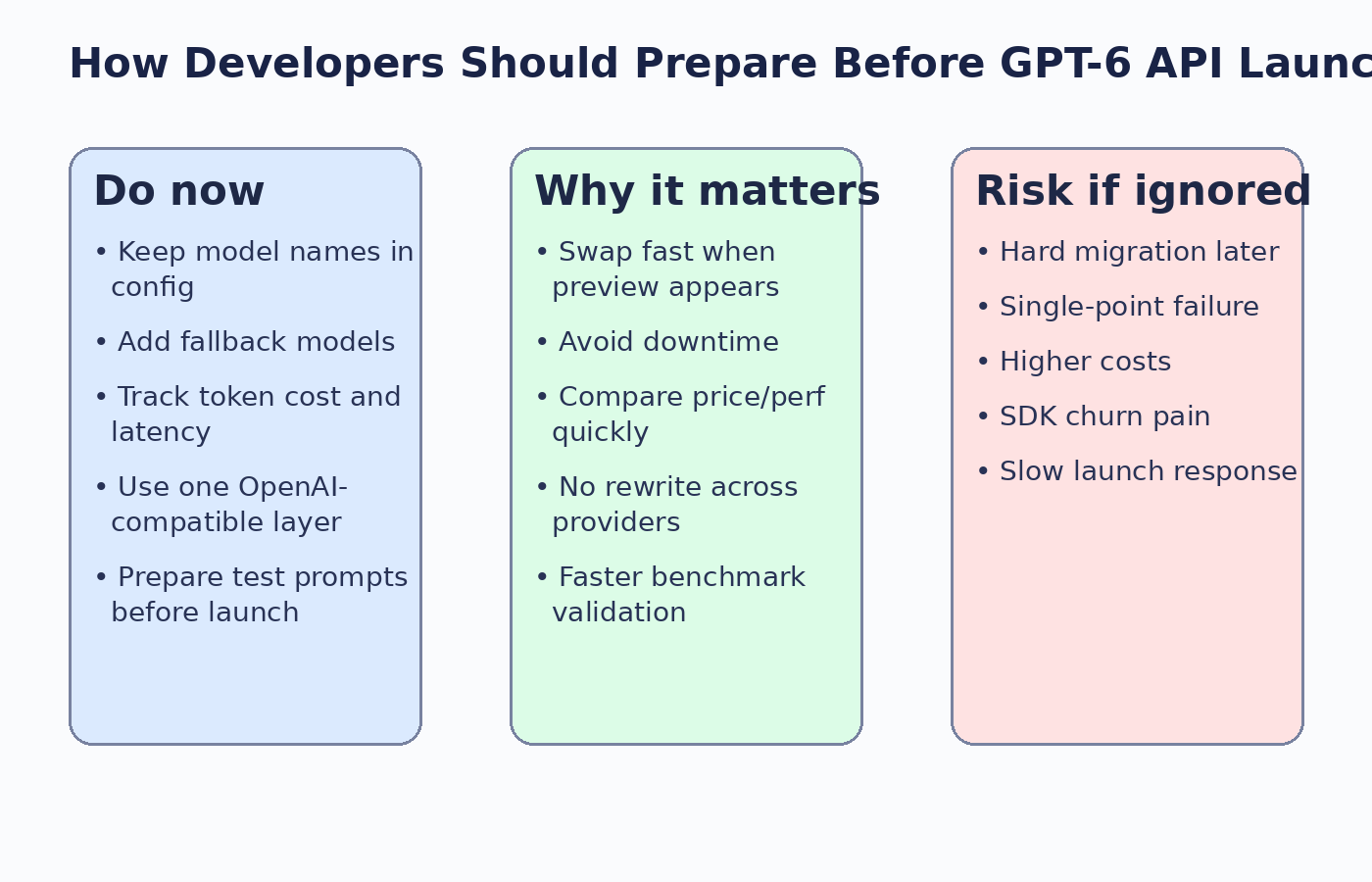 Checklist graphic showing how developers should prepare before GPT-6 API launch: config-driven model routing, fallback models, token tracking, and OpenAI-compatible integration