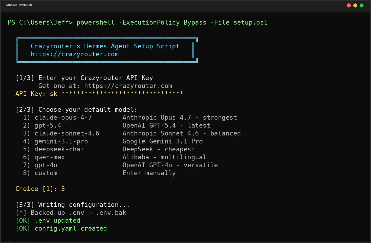 PowerShell setup flow for Hermes Agent with Crazyrouter API key entry and model selection