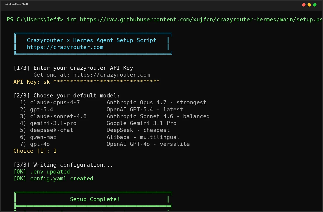 Completed PowerShell setup screen showing Hermes Agent connected to Crazyrouter