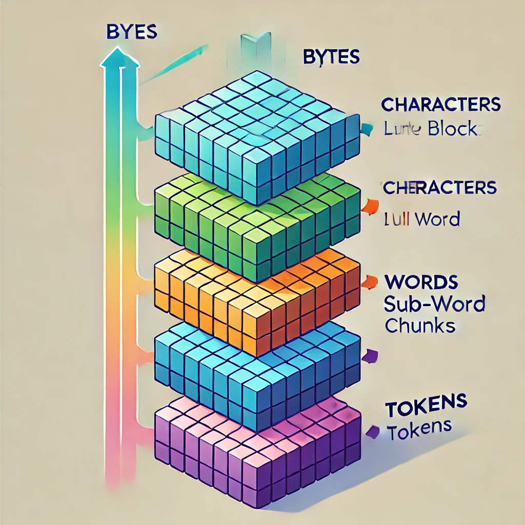 从字节到字符到单词到Token的四级文本表示层次图