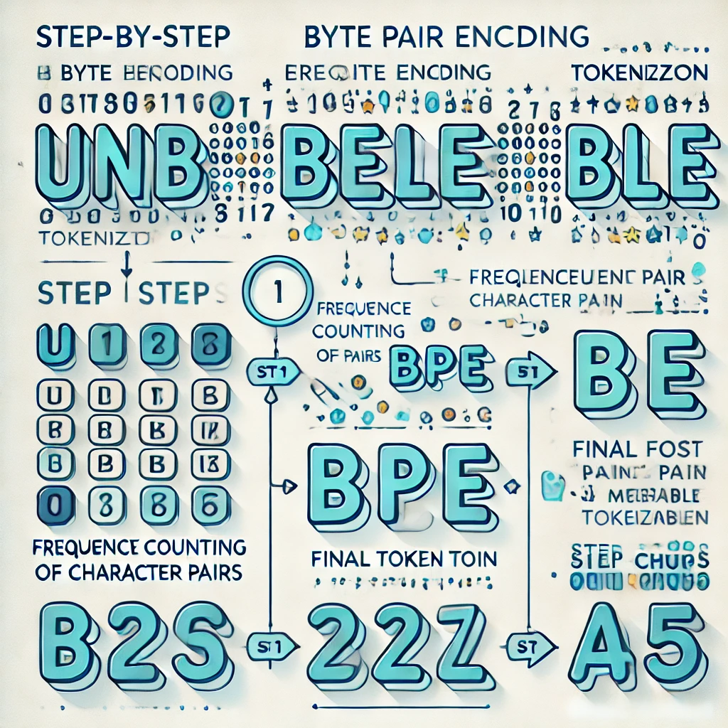 BPE 字节对编码分词过程的逐步可视化,展示字符拆分、频率统计和合并步骤