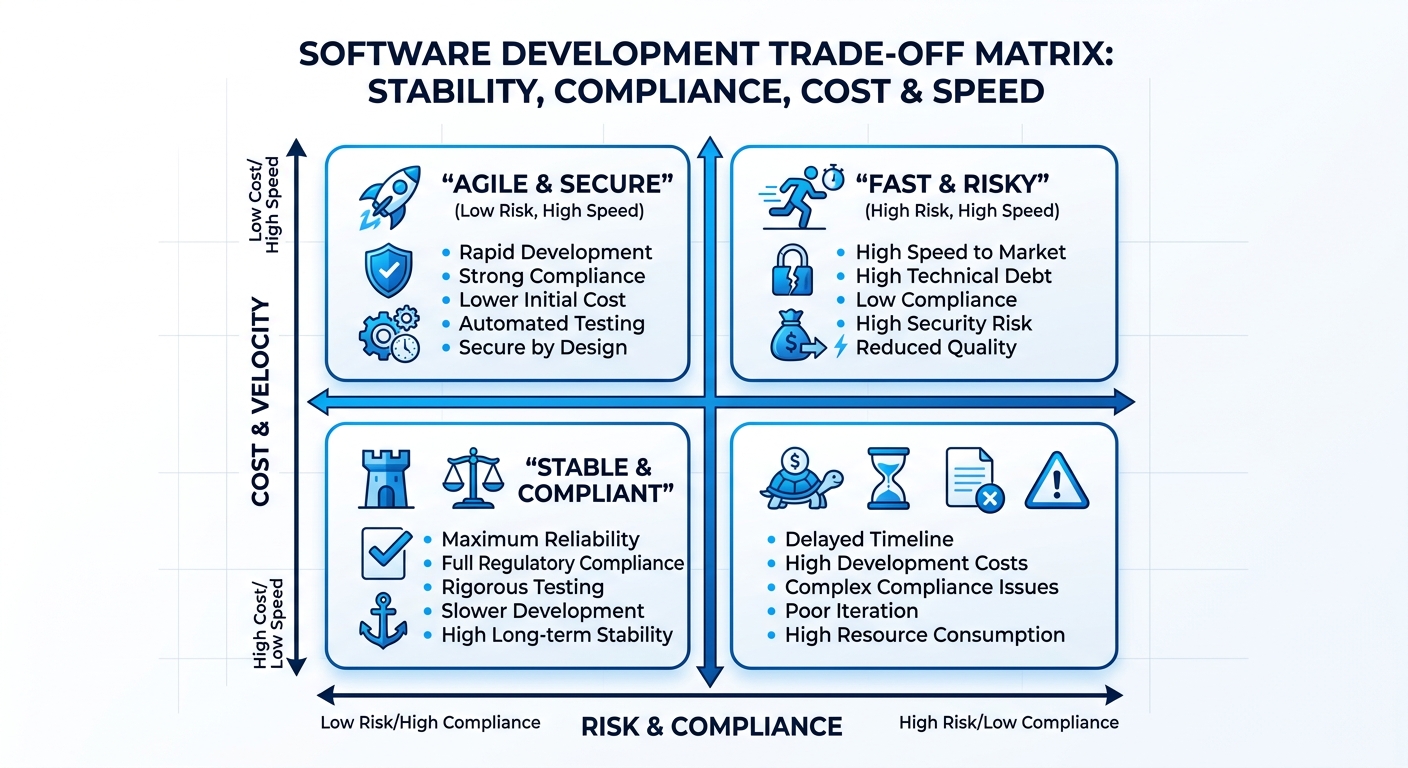 A 2x2 matrix showing stability, compliance, cost, and development speed trade-offs