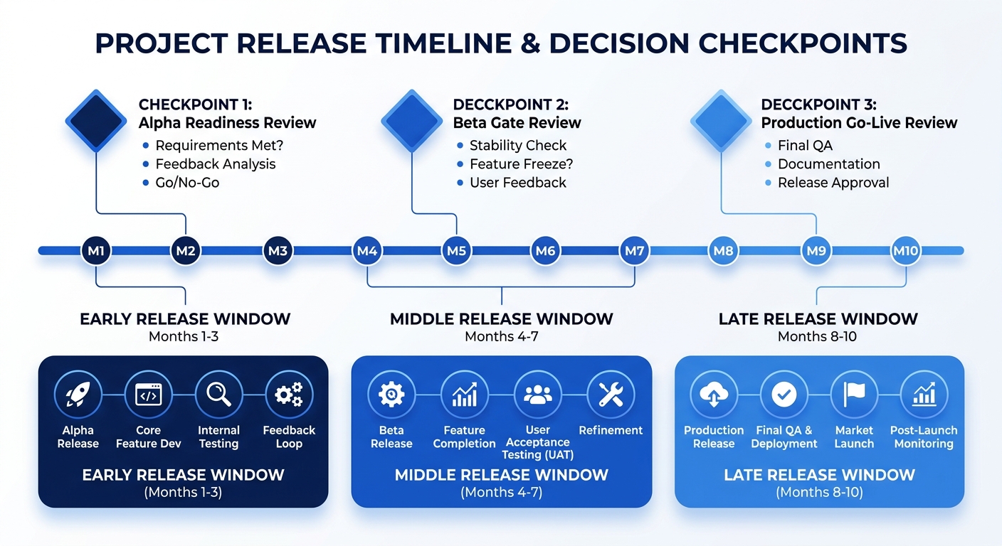 simple timeline with early, middle, and late release windows plus decision checkpoints