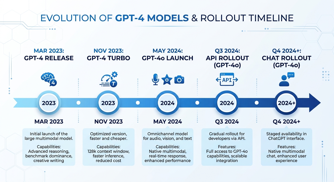Simple horizontal timeline showing GPT-4, GPT-4 Turbo, GPT-4o, and staged API/chat rollout checkpoin