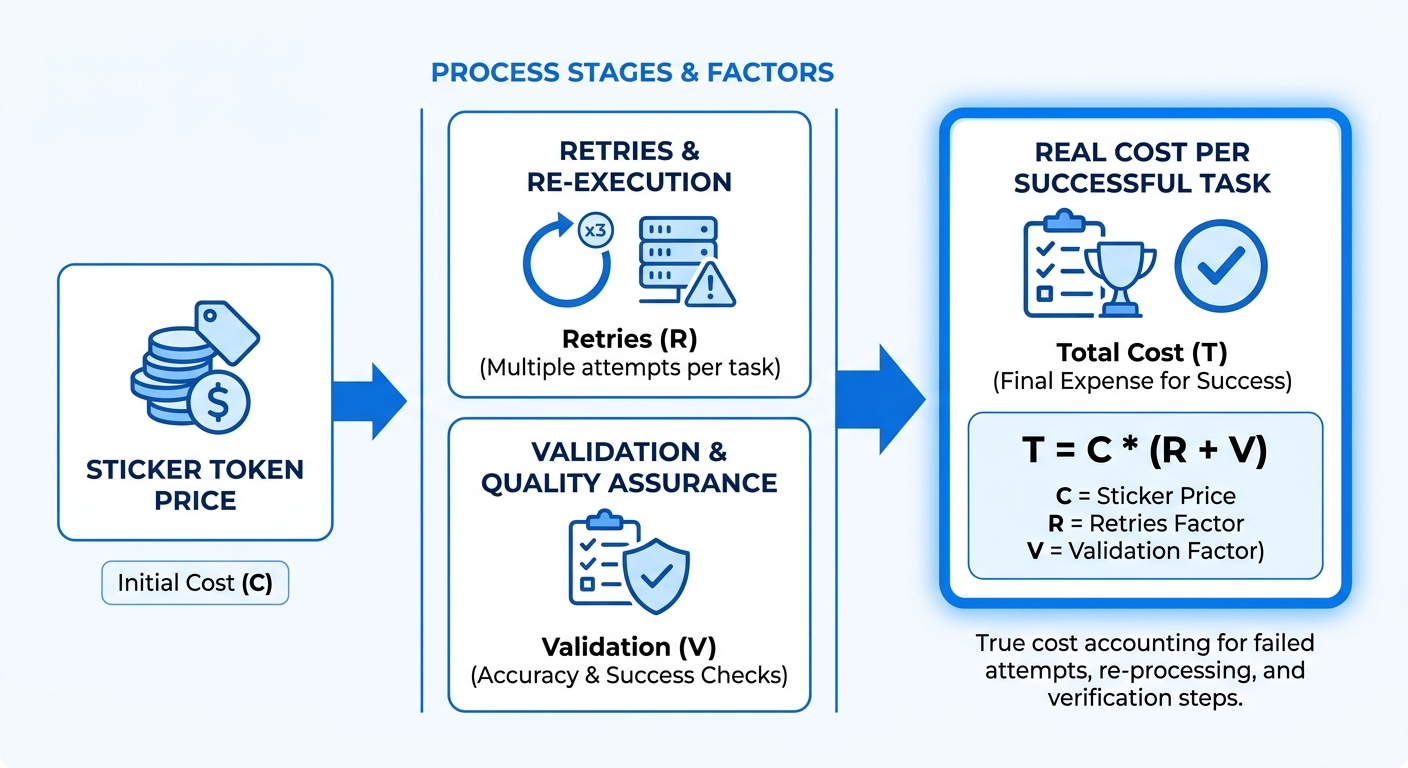 Simple diagram showing sticker token price feeding into real cost per successful task after retries 