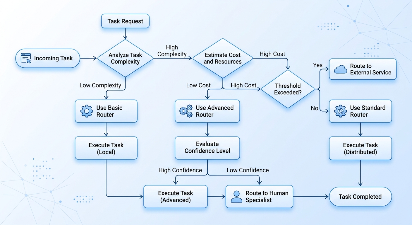 Flowchart of router decisions by task complexity, cost, and confidence thresholds.