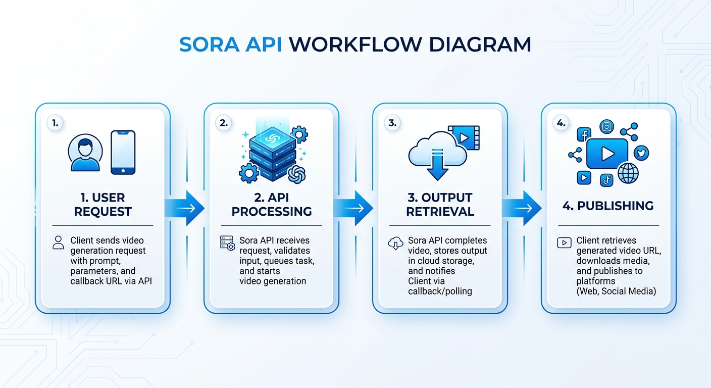 Simple flow diagram showing request, processing, output retrieval, and publishing steps for sora api