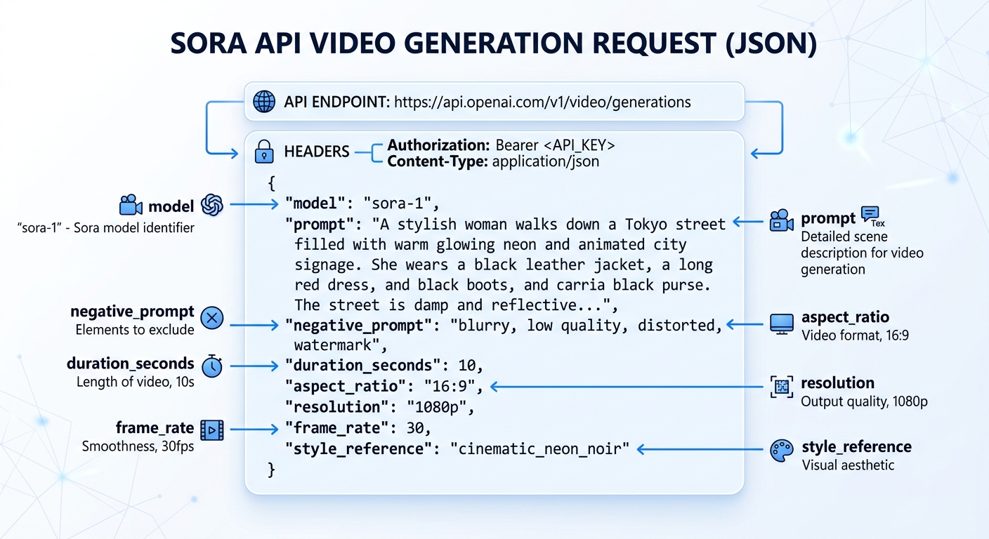 Annotated JSON request example for a sora api generation call.