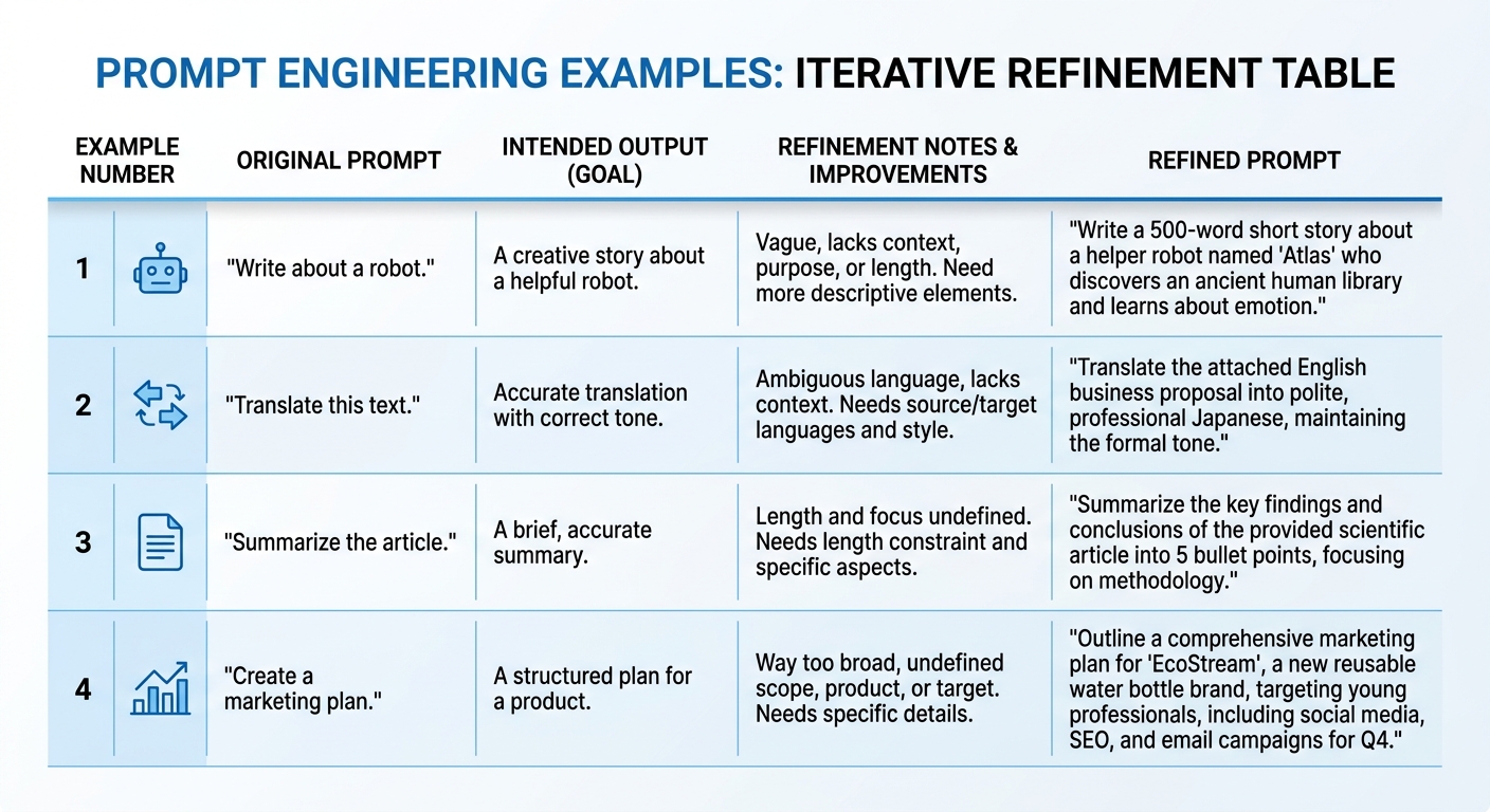 Table of prompt examples with intended output and refinement notes.
