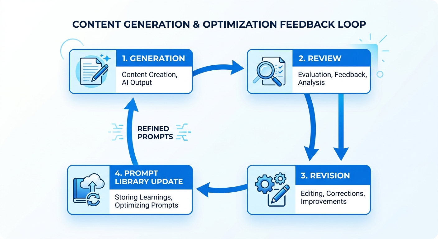 Feedback loop diagram: generation, review, revision, and prompt library update.