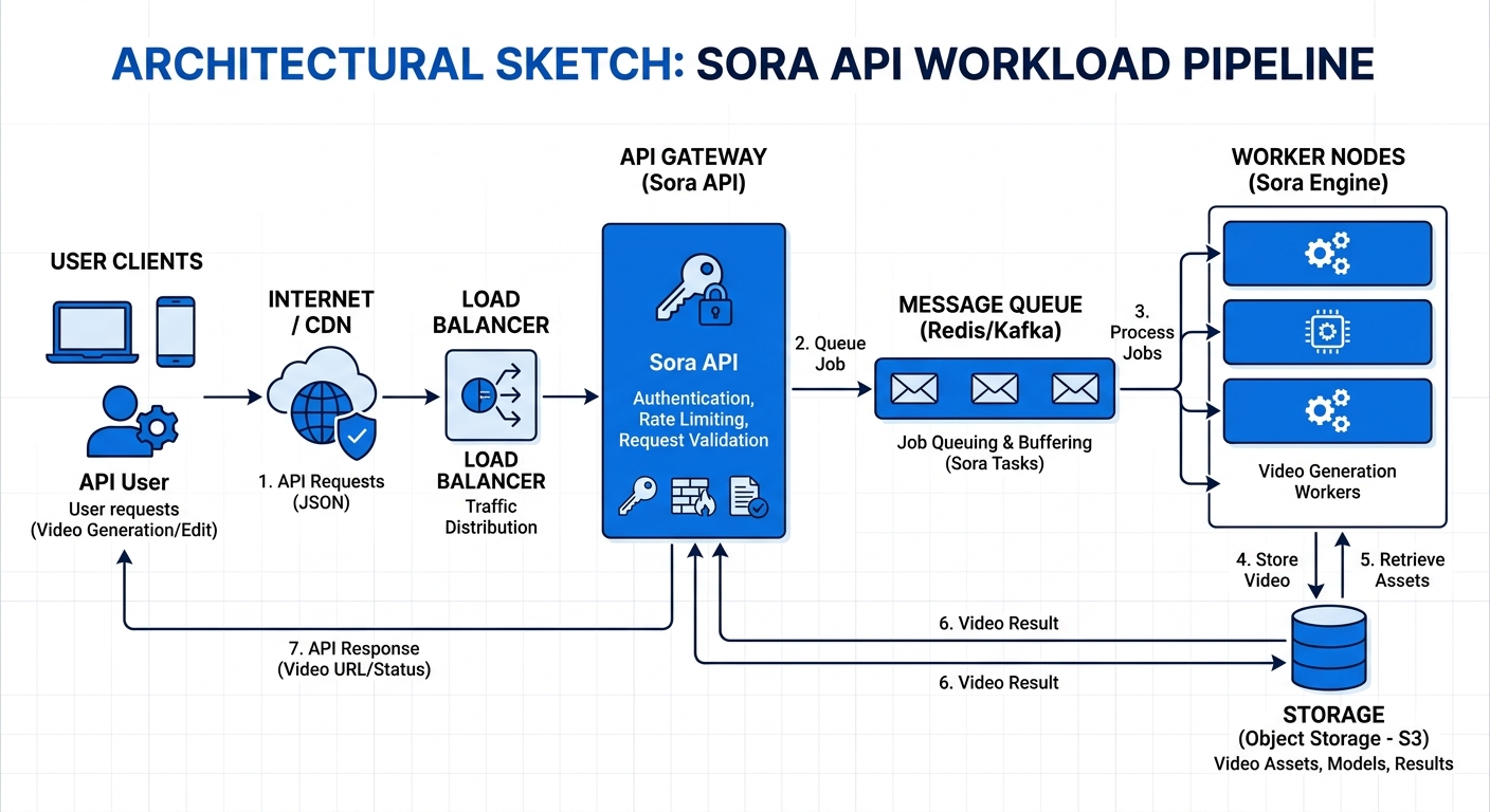 Architecture sketch with API gateway, queue, workers, and storage for sora api workloads.