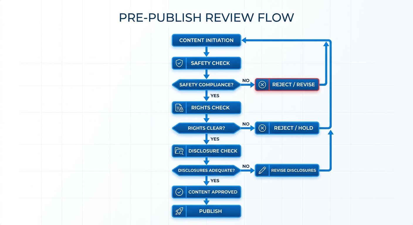 pre-publish review flow showing safety check, rights check, disclosure check