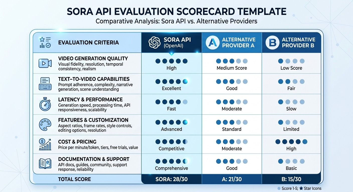Evaluation scorecard template comparing sora api with two alternative providers.