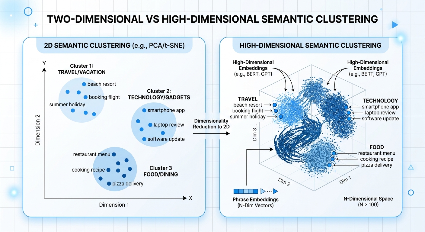 Simple diagram showing two-dimensional vs high-dimensional semantic clustering with example phrases.