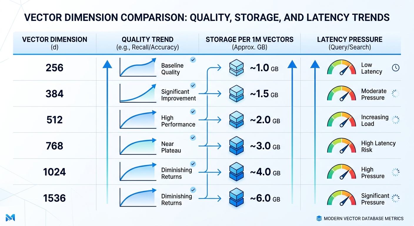Comparison table mapping 256/384/512/768/1024/1536 to quality trend, storage per 1M vectors, and lat