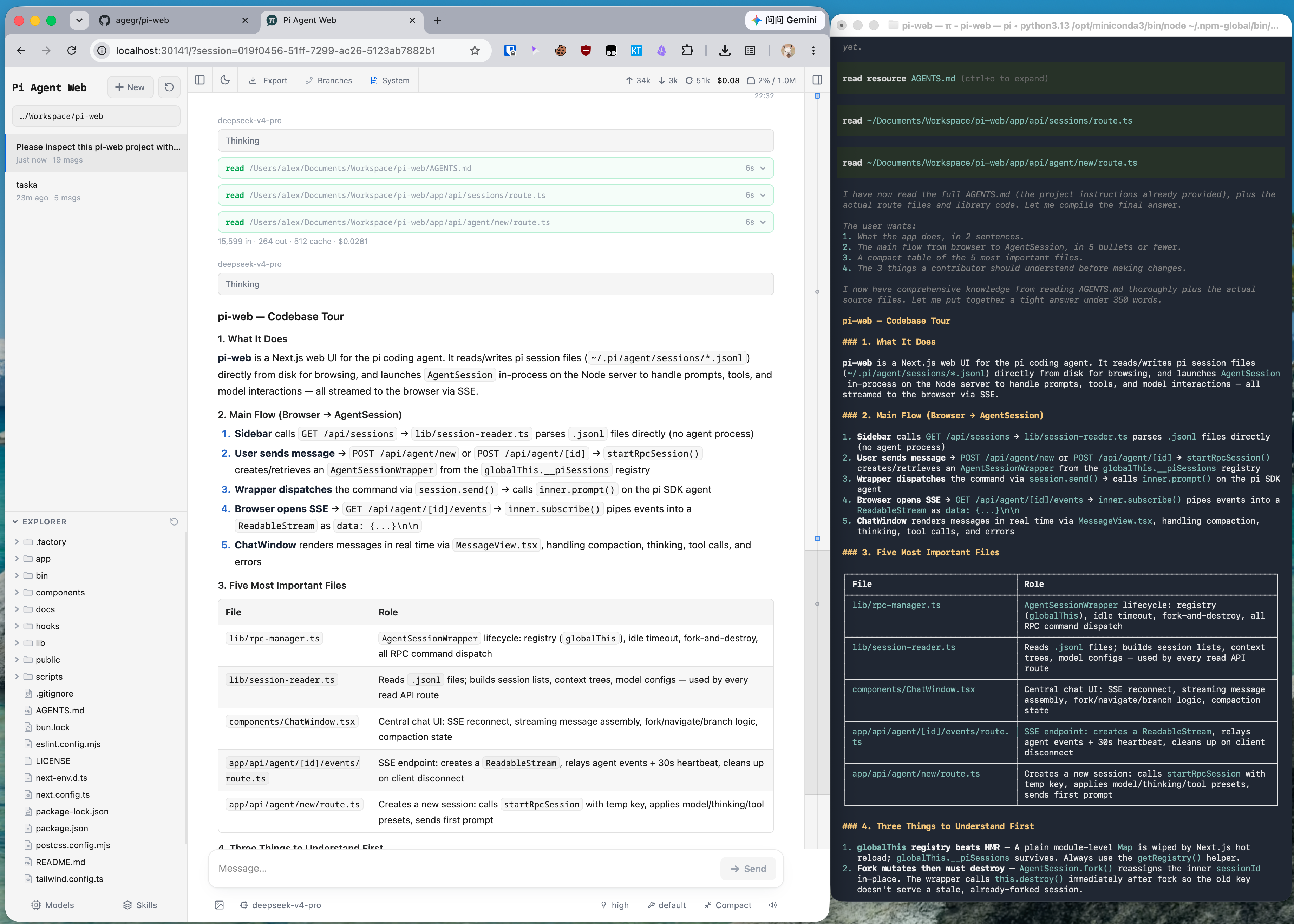 Pi Web displaying a pi session with structured Markdown, tool calls, and project navigation