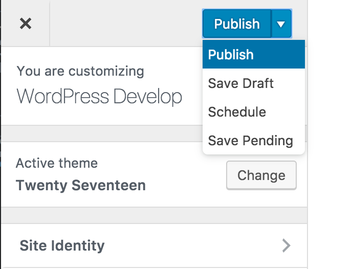 The “Save & Publish” button becomes a combo-button that allows you to select the status for the changeset when saving. In addition to publishing, a changeset can be saved as a permanent draft (as opposed to just an auto-draft), pending review, scheduled for future publishing. A revision is made each time you press the button.
