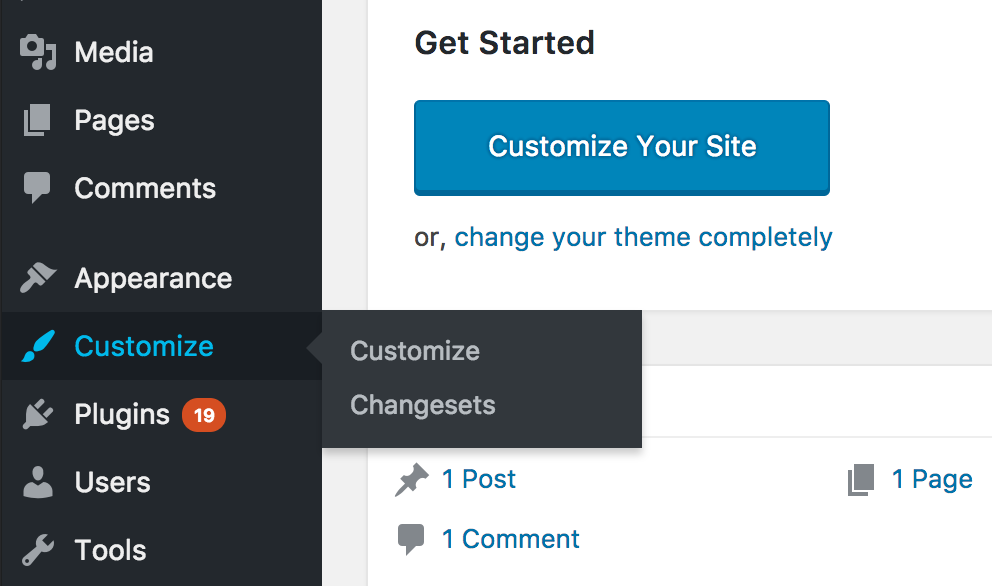 The Customize link is promoted to the top in the admin menu; a link to list all changesets is also added.