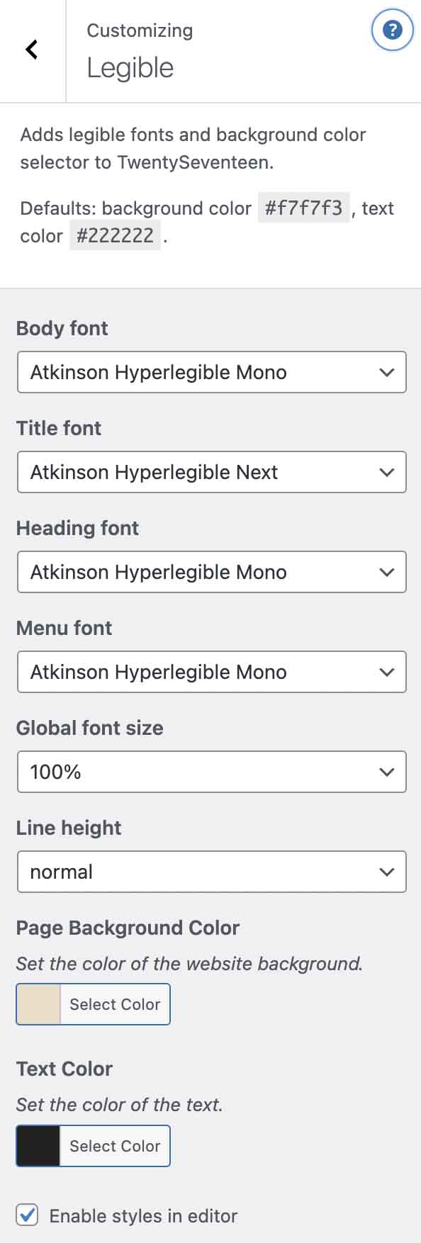 Customizer options