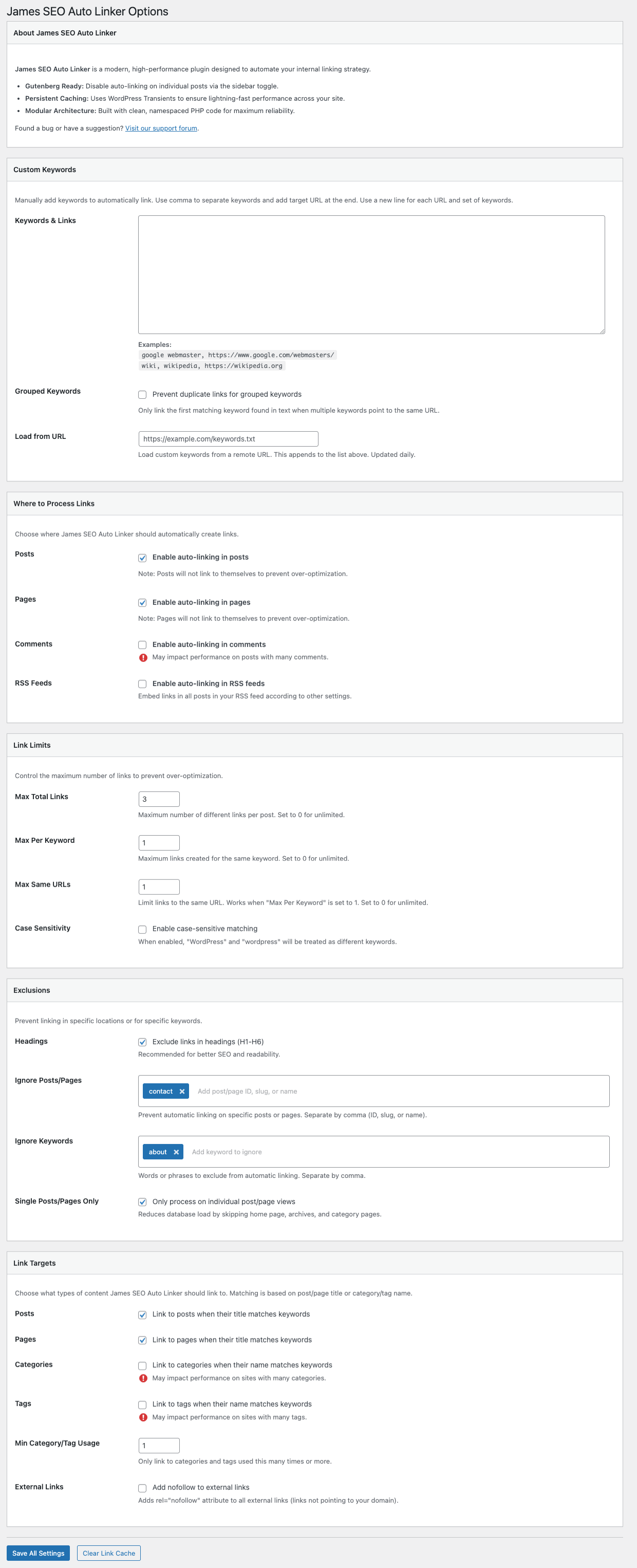 James SEO Auto Linker Settings