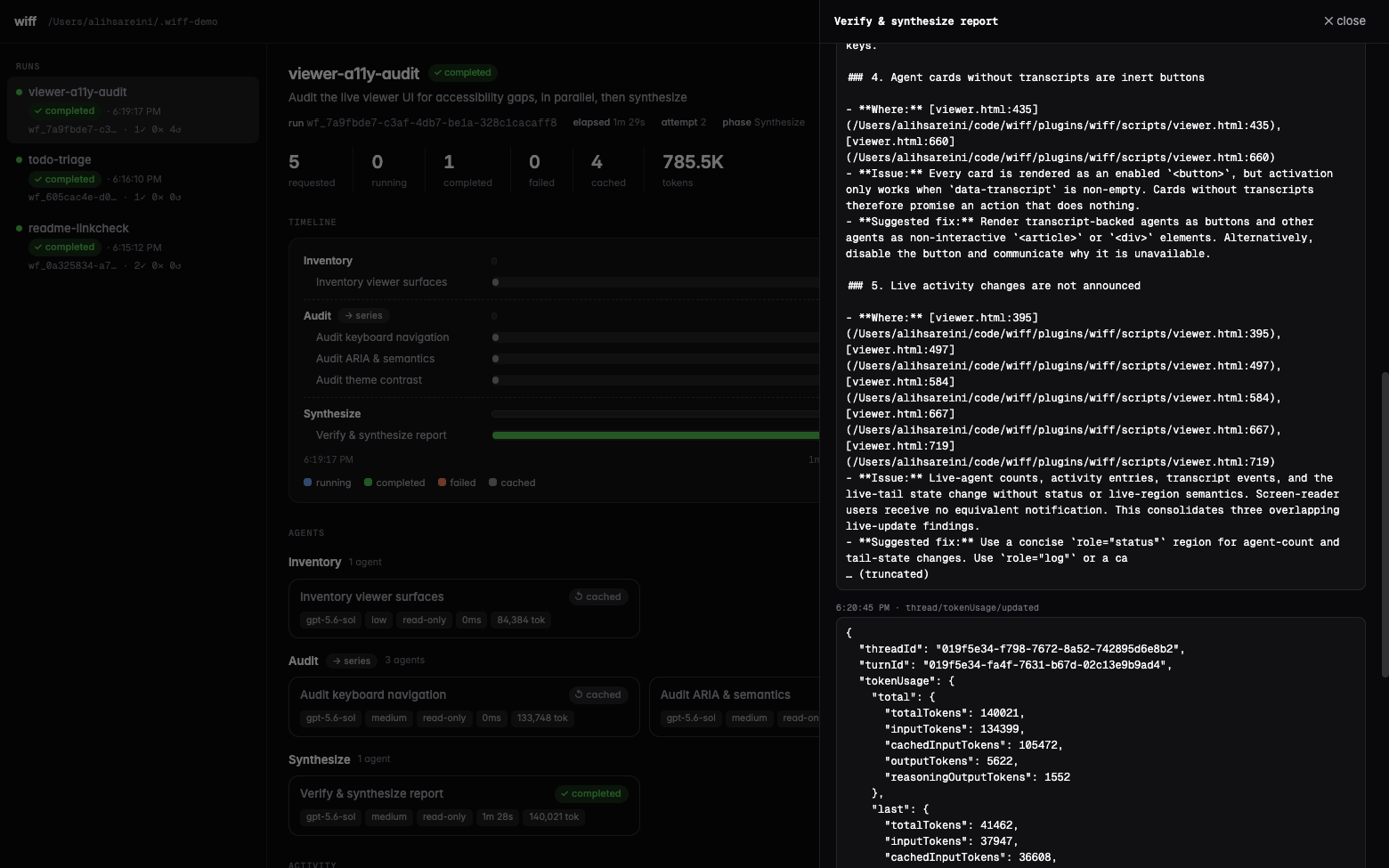The transcript drawer open over a completed run, live-tailing one agent's transcript: its final findings report followed by raw token-usage and turn-completion events.