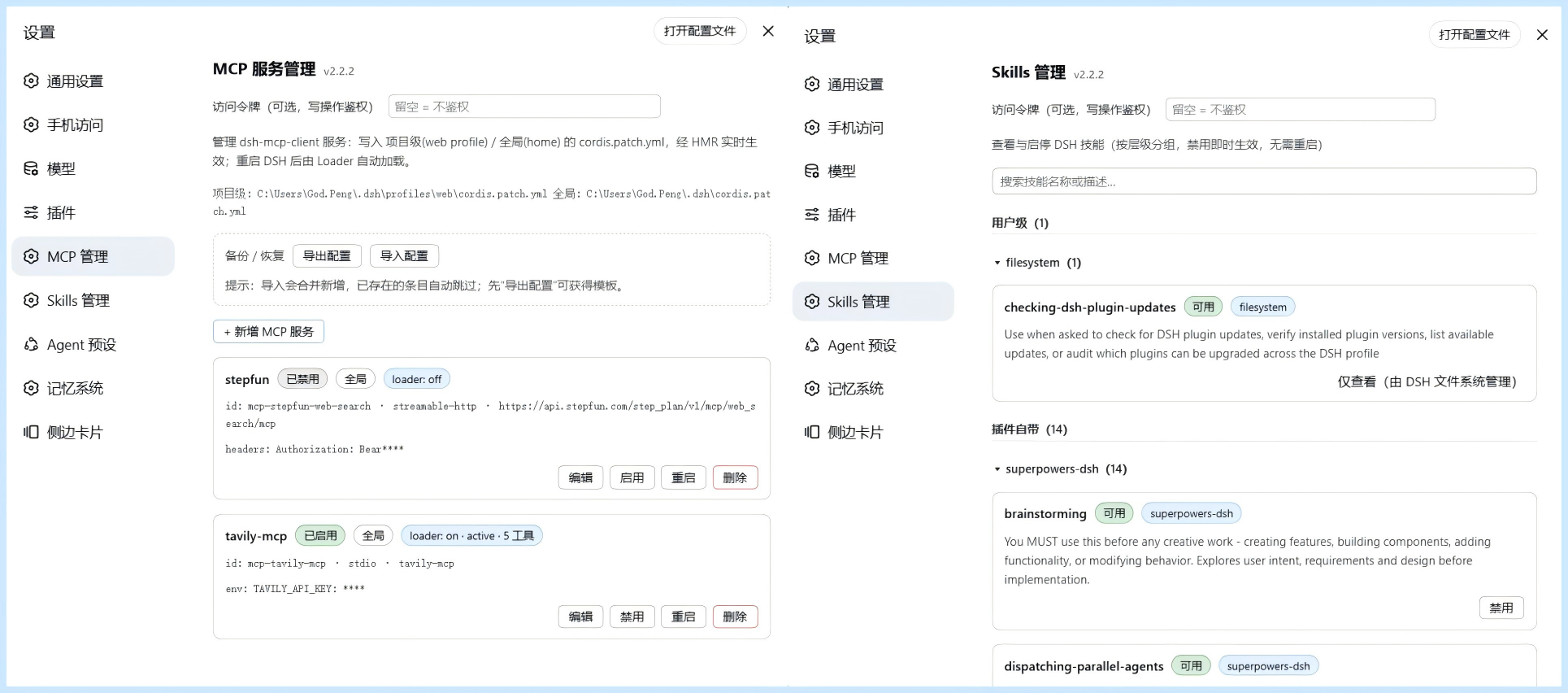 dsh-mcp-manager 设置 → MCP 管理 页面图例