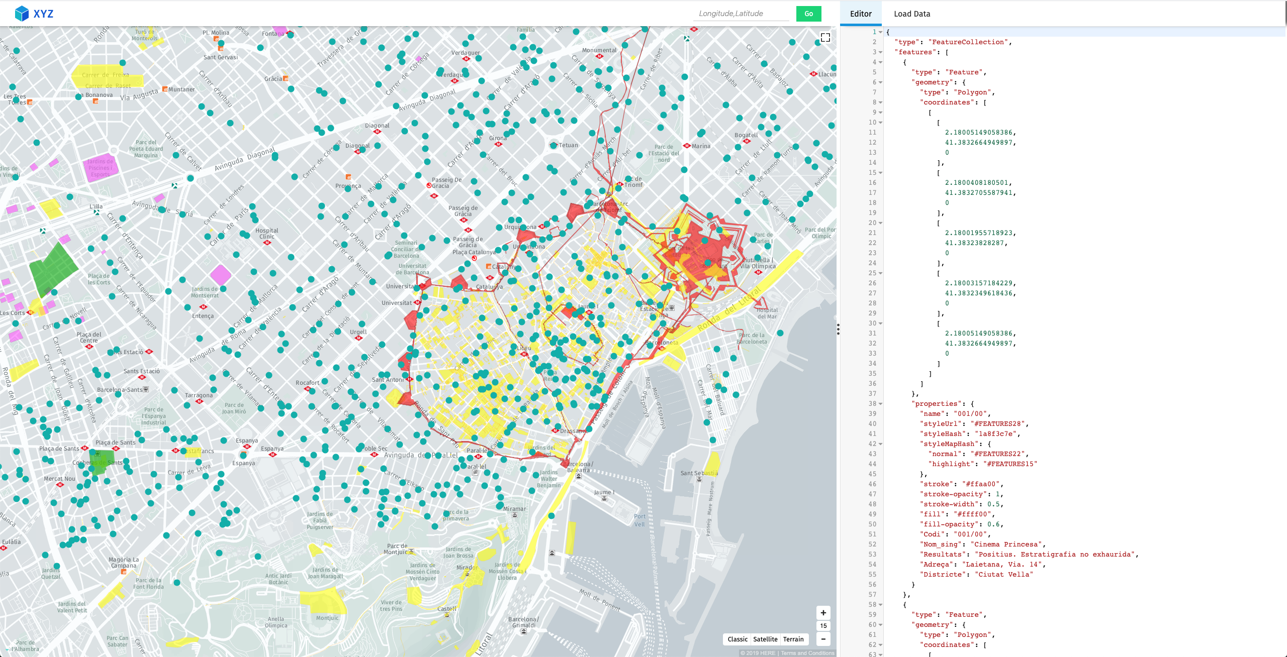 GeoJSON data visualised on GeoJSON-tool.