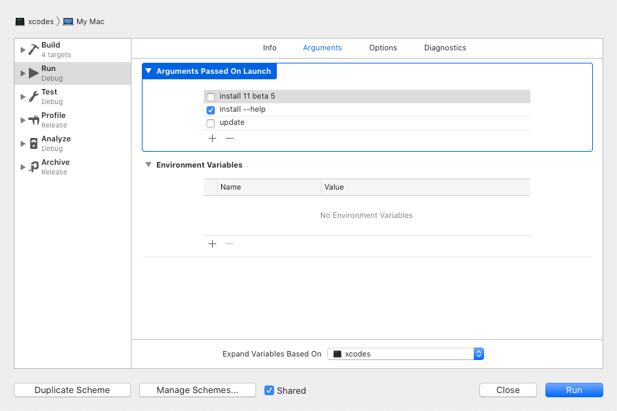 Xcode Edit Scheme Screen