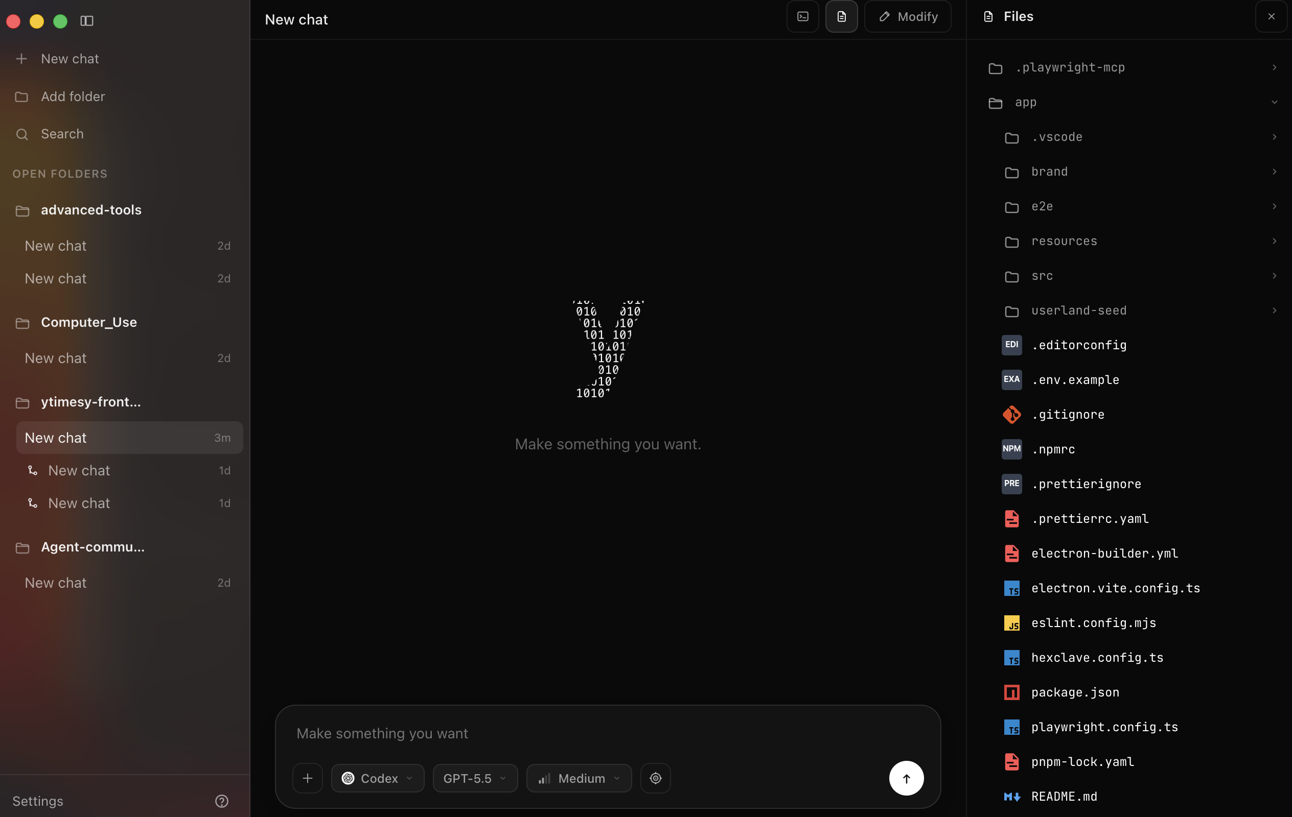 y desktop app showing a chat-first coding workspace